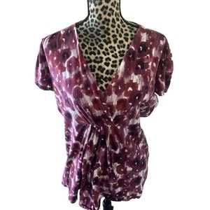 J Jill Top Blouse XL Pink Floral Short Sleeve Boho Hippie 100% Cotton Rn97641